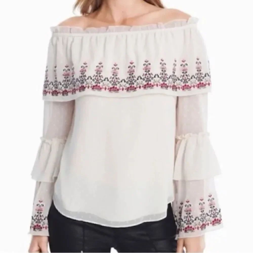 WHBM Creamy Taupe Off Shoulder Embroidered Floral Flowy Peasant Blouse